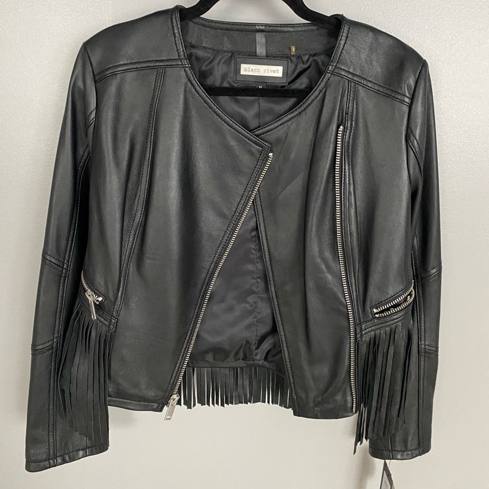 Black Genuine Leather Jacket with Fringe Accents - Picture 2 of 6